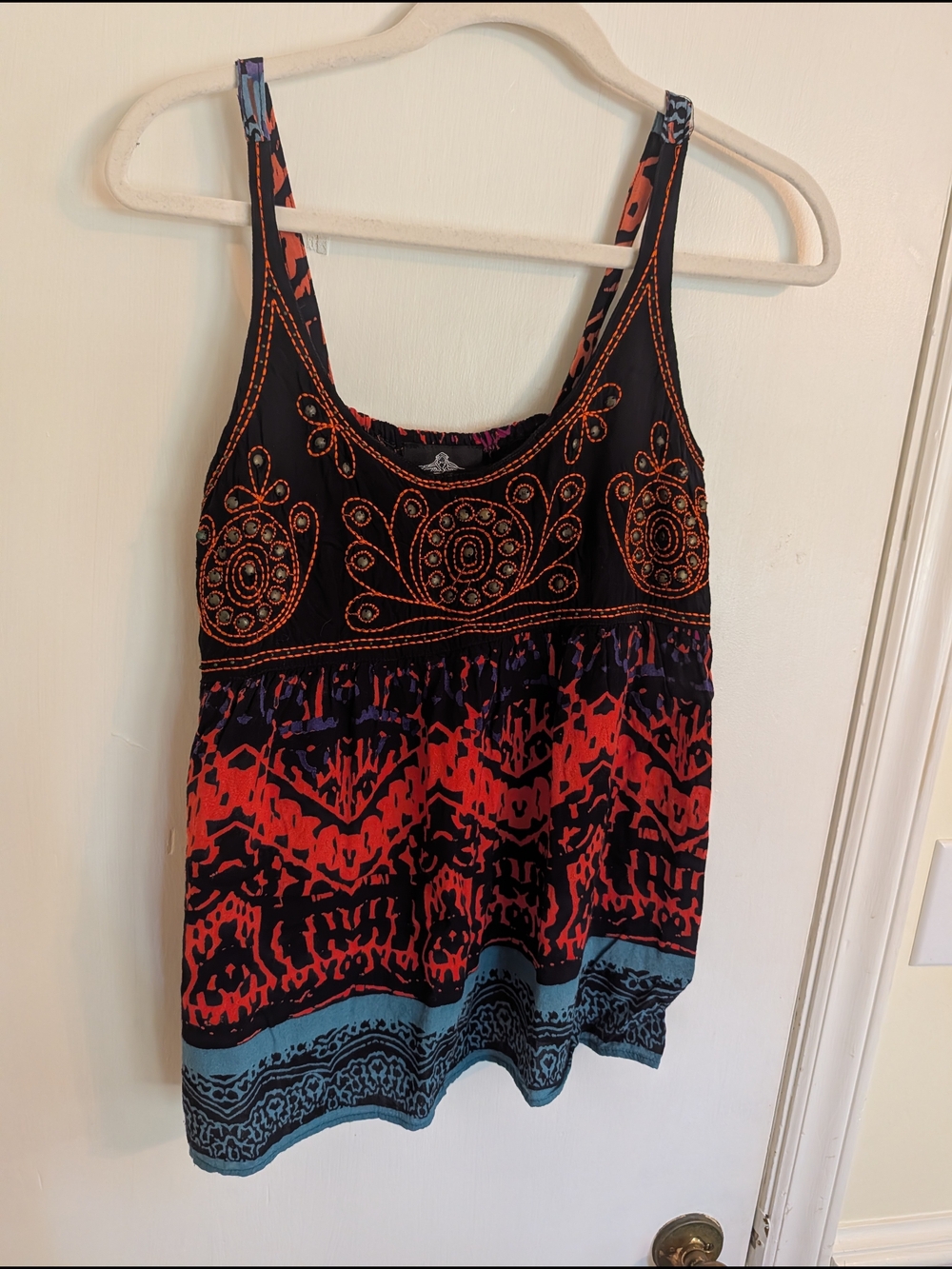 Angie Black Tank Top with Red & Teal Accents